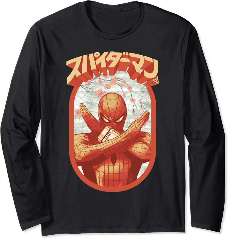 Marvel Spider-Man Retro Floral Kanji Poster Langarmshirt
