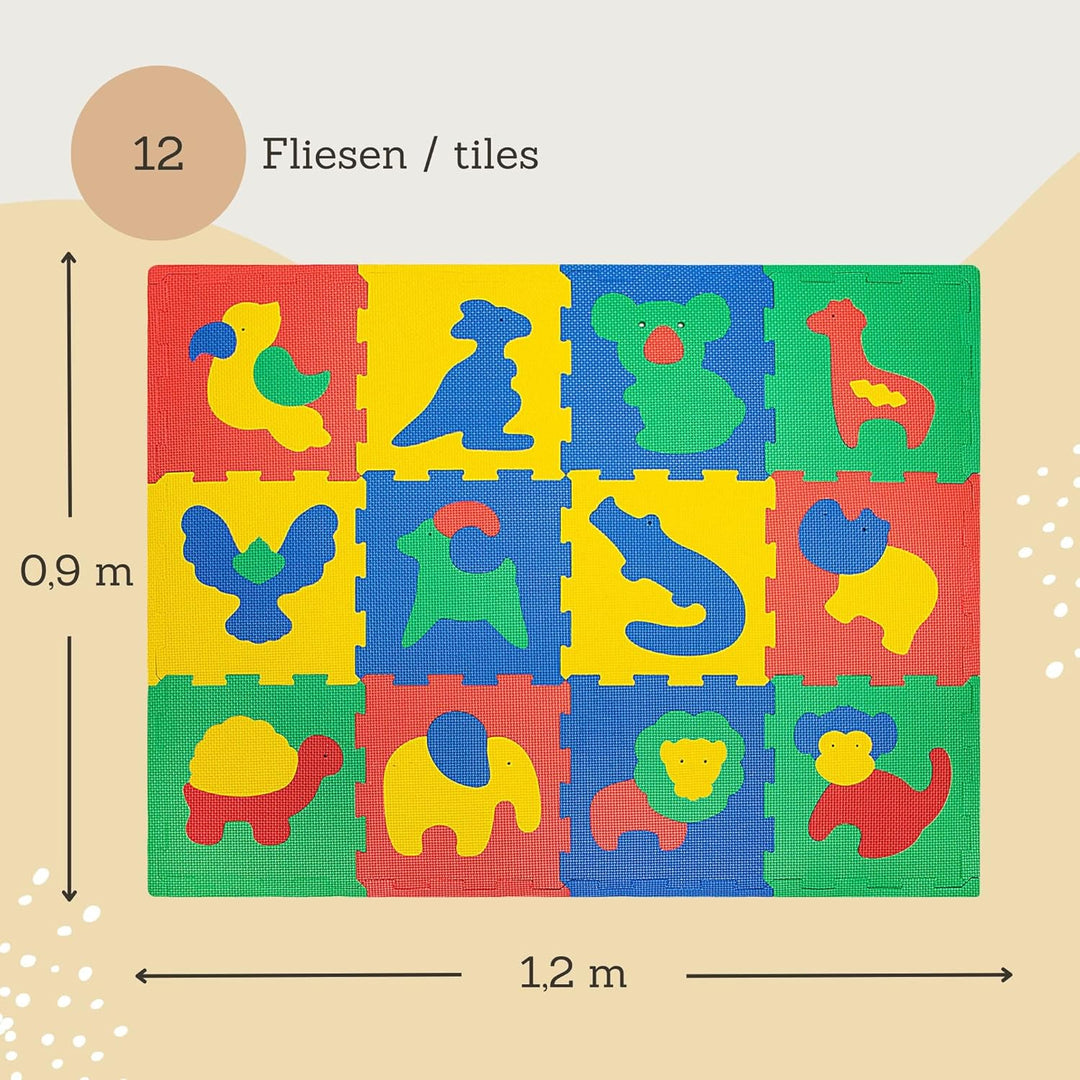 Attraktive Puzzlematte Baby 1,2x0,9m Safari Tiere – 12 Platten à 30x30cm – 20% dickere & weichere Sp
