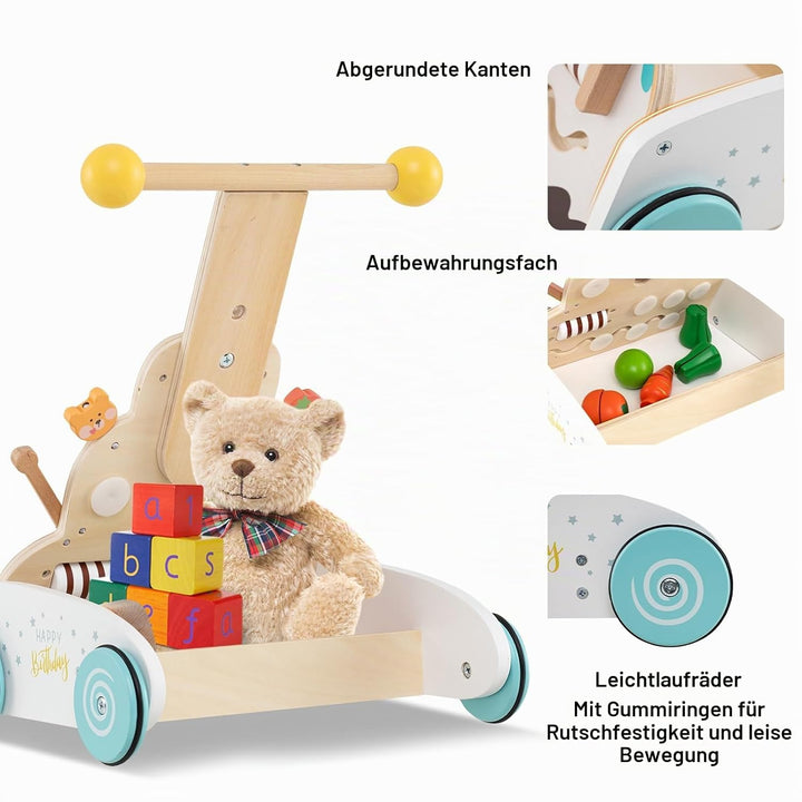 LIFEZEAL Lauflernwagen Holz, Babywalker mit 3-fach verstellbarem Griff, Fach, 4 Rädern, Multi-Aktivi