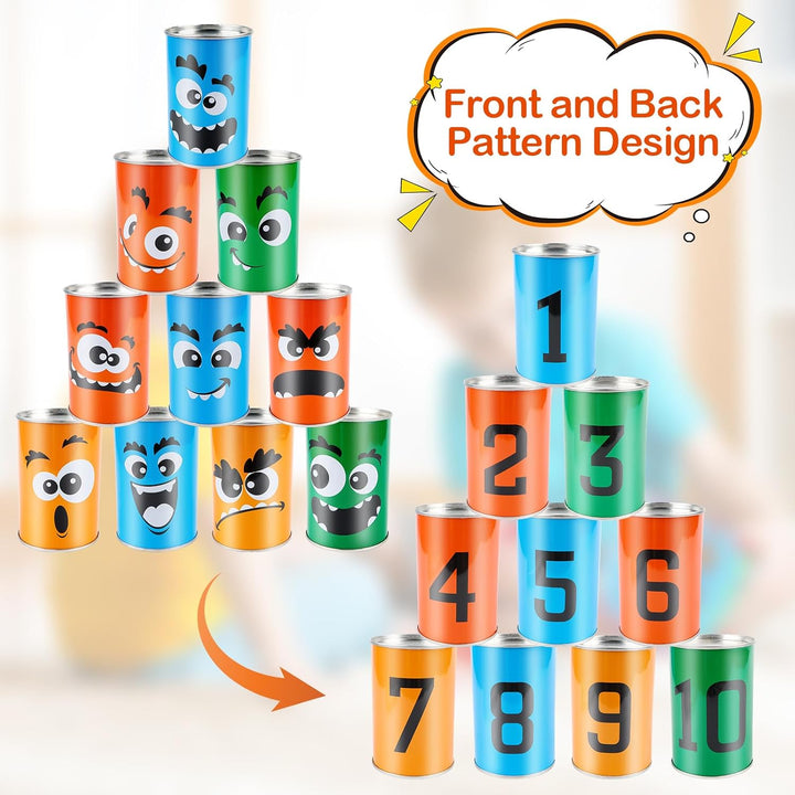 Dosenwerfen Kinder,Dosenwurfspiel für Kindergeburtstag Büchsenwerfen Garten,10 Dosen und 3 Bean Bags