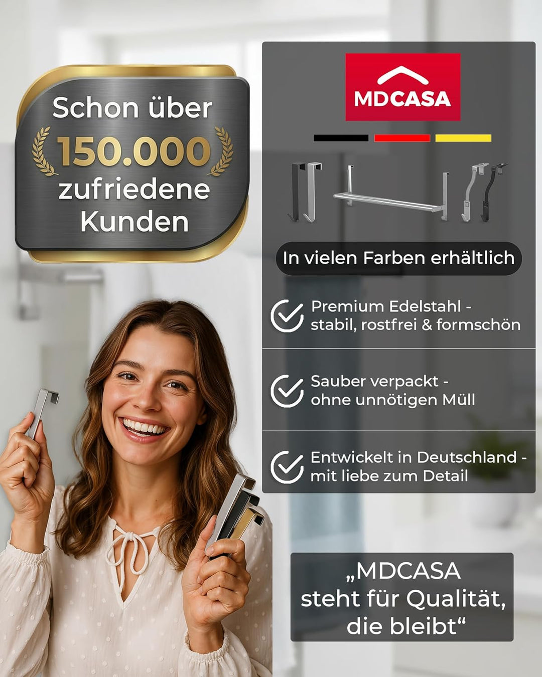 MDCASA Premium Handtuchstange Rückseite I Handtuchhalter ohne Bohren &amp; verstellbar inkl. Kratzschutz