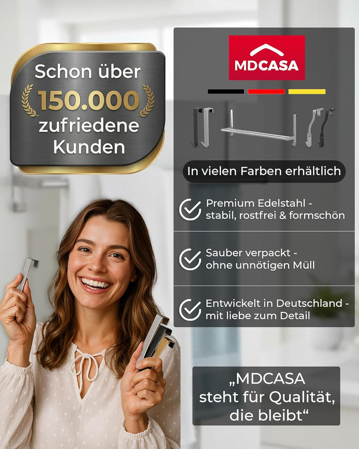 MDCASA Premium Handtuchstange Rückseite I Handtuchhalter ohne Bohren &amp; verstellbar inkl. Kratzschutz
