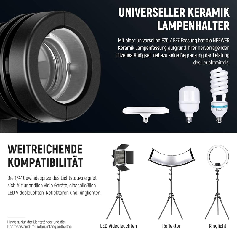 NEEWER E26 E27 AC Keramikfassung Lampenfassung mit Lichtstativhalterung, Schirmhalter, 320cm verläng