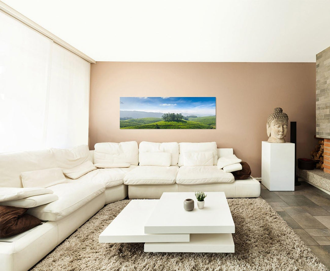 Paul Sinus Art Panoramabild auf Leinwand und Keilrahmen 150x50cm Indien Teeplantagen Landschaft