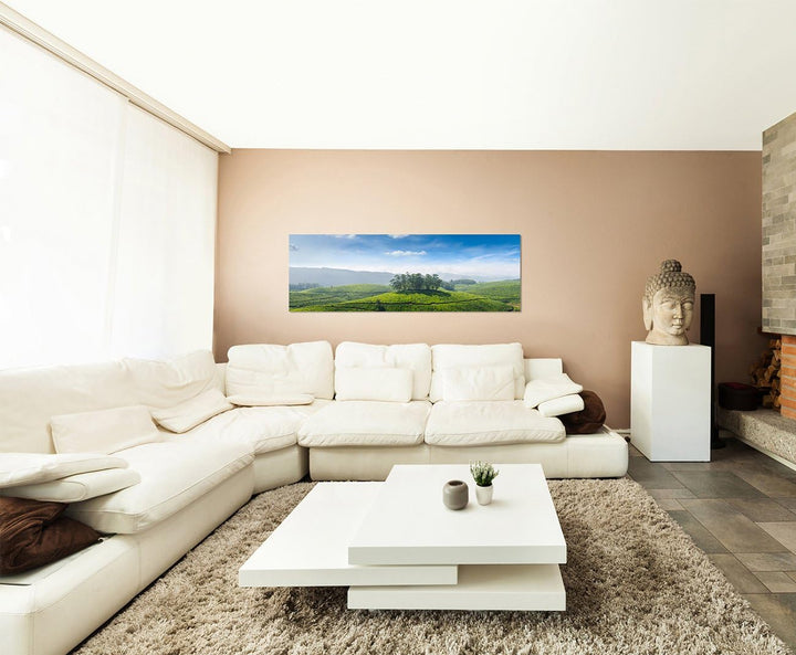 Paul Sinus Art Panoramabild auf Leinwand und Keilrahmen 150x50cm Indien Teeplantagen Landschaft