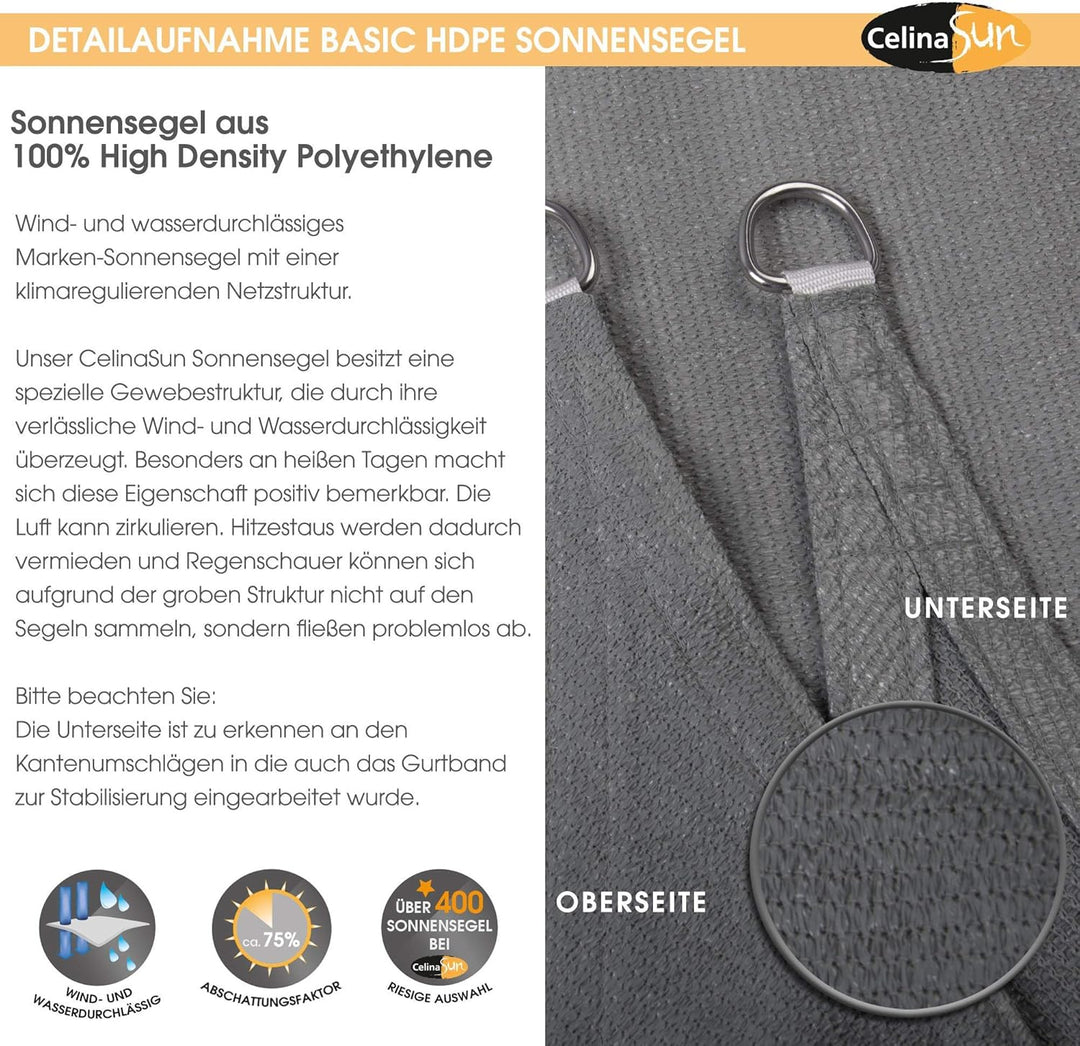 CelinaSun Sonnensegel inkl Befestigungsseile HDPE Basic Quadrat 2 x 2 m anthrazit Sonnenschutz atmun