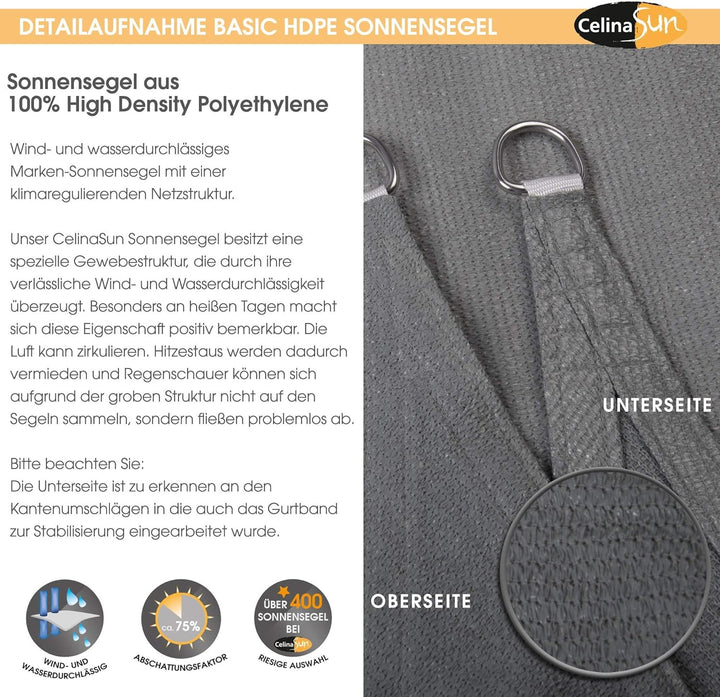 CelinaSun Sonnensegel inkl Befestigungsseile HDPE Basic Quadrat 2 x 2 m anthrazit Sonnenschutz atmun