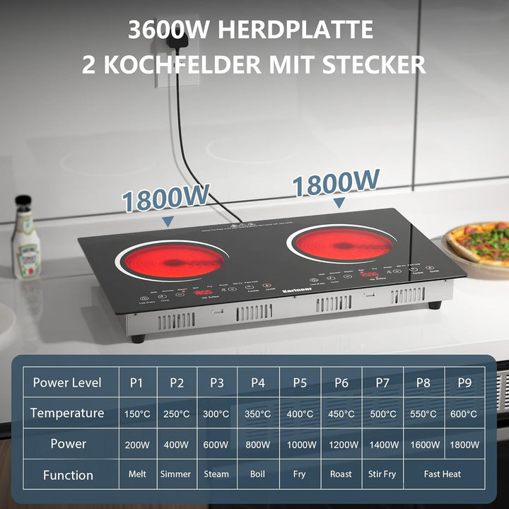 Karinear Herdplatte 2 Kochfelder, 3600W Kochplatten 2er Elektrisch, 2 Platten Kochfeld mit Stecker,
