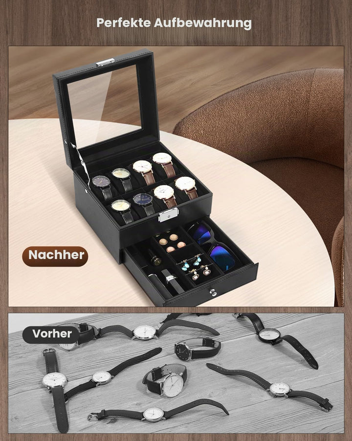Uten Uhrenbox, 8 Fächern und 1 Schublade mit Schlüsselschloss, Glasdeckel, Schwarzes PU, Schwarzes S