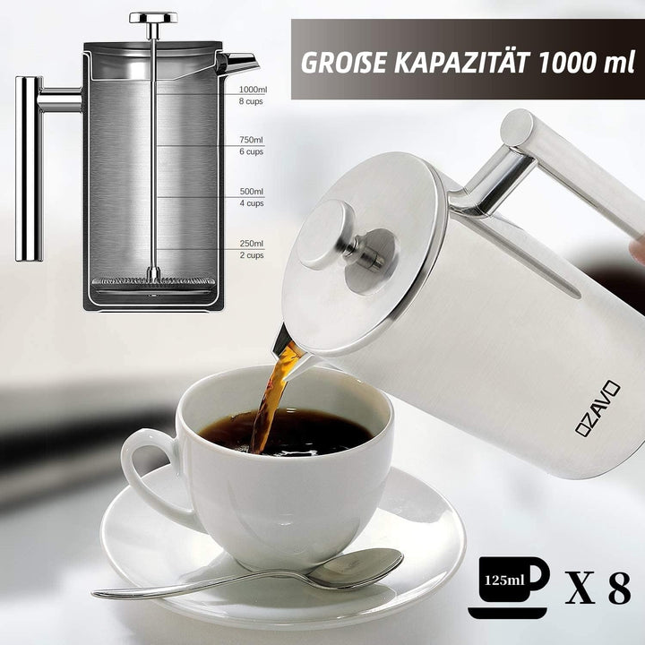 OZAVO Kaffeebereiter 1L French Press Edelstahl Thermo mit 5 Edelstahlfilter Doppelwandig Isoliert Sy