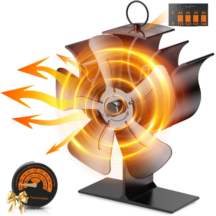 Kaminventilator, Ofenventilator Ohne Strom mit 5 Flügel, Kaminofen Ventilator für Holzofen, Leiser B