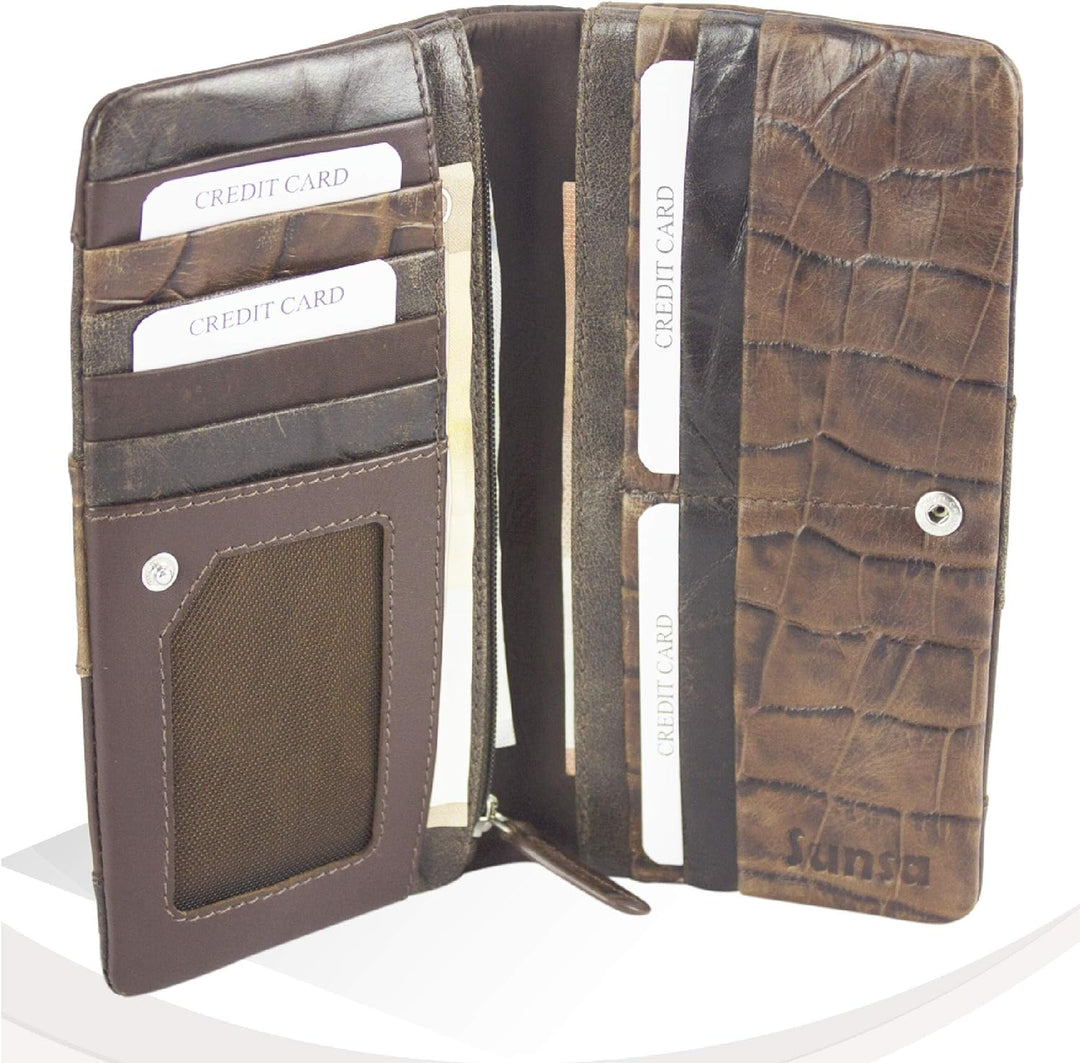 Sunsa Geldbörse. Leder Geldbeutel. Grosser Portemonnaie mit RFID Schutz. Damen Brieftasche mit viele