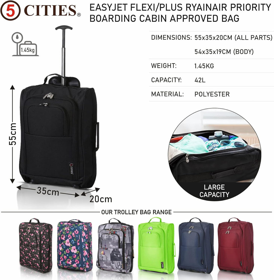 5 Cities Set von 2 Leichtgewicht Handgepäck Kabinengepäck Flugtasche Koffer Trolley Gepäck