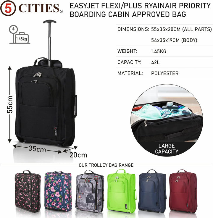 5 Cities Set von 2 Leichtgewicht Handgepäck Kabinengepäck Flugtasche Koffer Trolley Gepäck