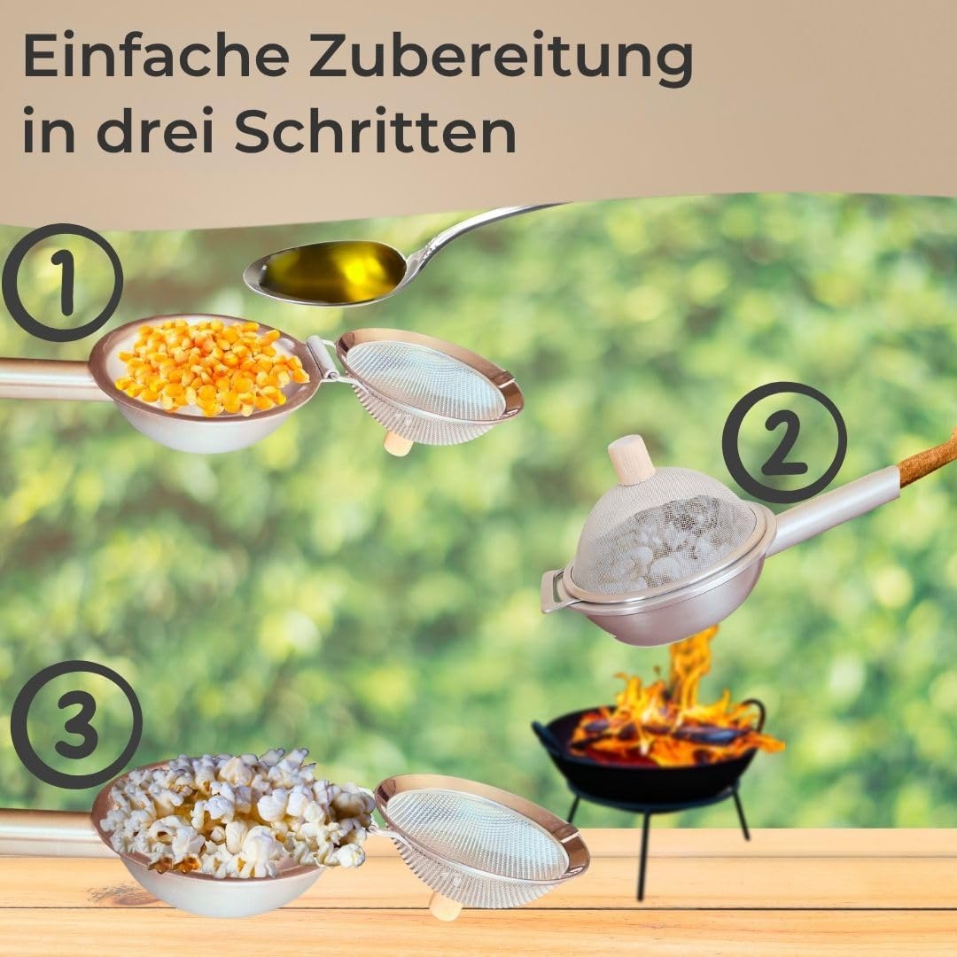 Mini Popcorn Maker Pfanne aus Edelstahl - kleine Popcorn Pfanne mit Deckel & Holzgriff, Mini-Popcorn
