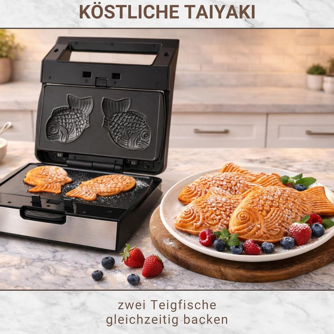 Syntrox Taiyaki Maker mit Wechselplatten, Edelstahl, schnelles Aufheizen, Antihaftbeschichtet, versc