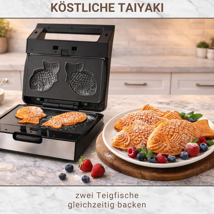 Syntrox Taiyaki Maker mit Wechselplatten, Edelstahl, schnelles Aufheizen, Antihaftbeschichtet, versc
