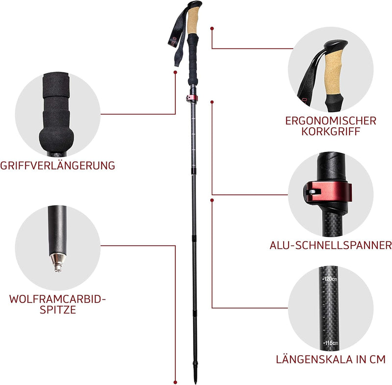 Rothwild Wanderstöcke, Modell Platzhirsch, Faltbare Carbon-Trekkingstöcke mit Kork-Griff, für Damen