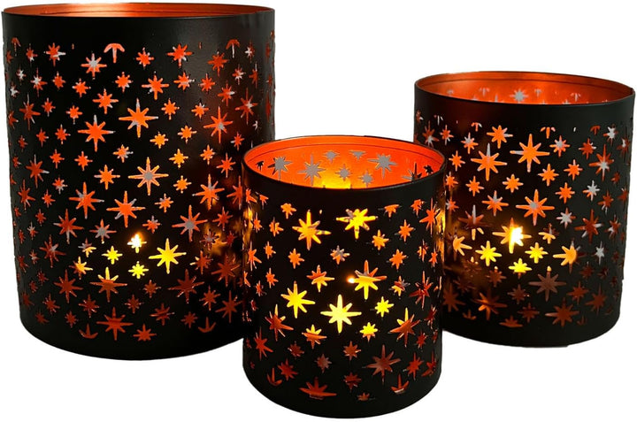 MARRAKESCH 3er Set Windlicht 14cm Gross aus Metall Orientalische Teelichthalter Hamman Schwarz Kupfe