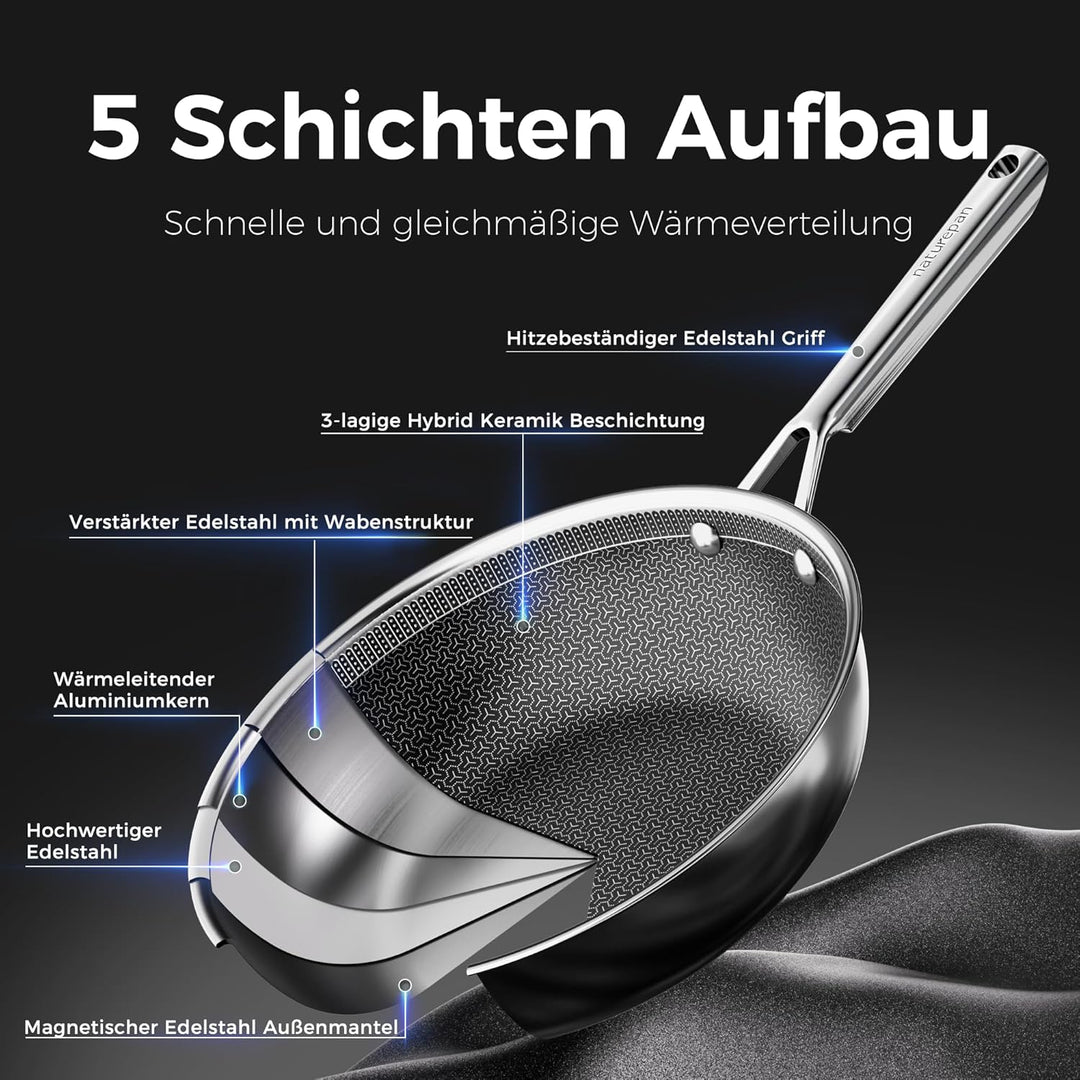 28cm Wokpfanne mit Deckel | DiamondTitan-Hybrid Keramikbeschichtung Wabenpfanne | Antihaft-Wabenstru