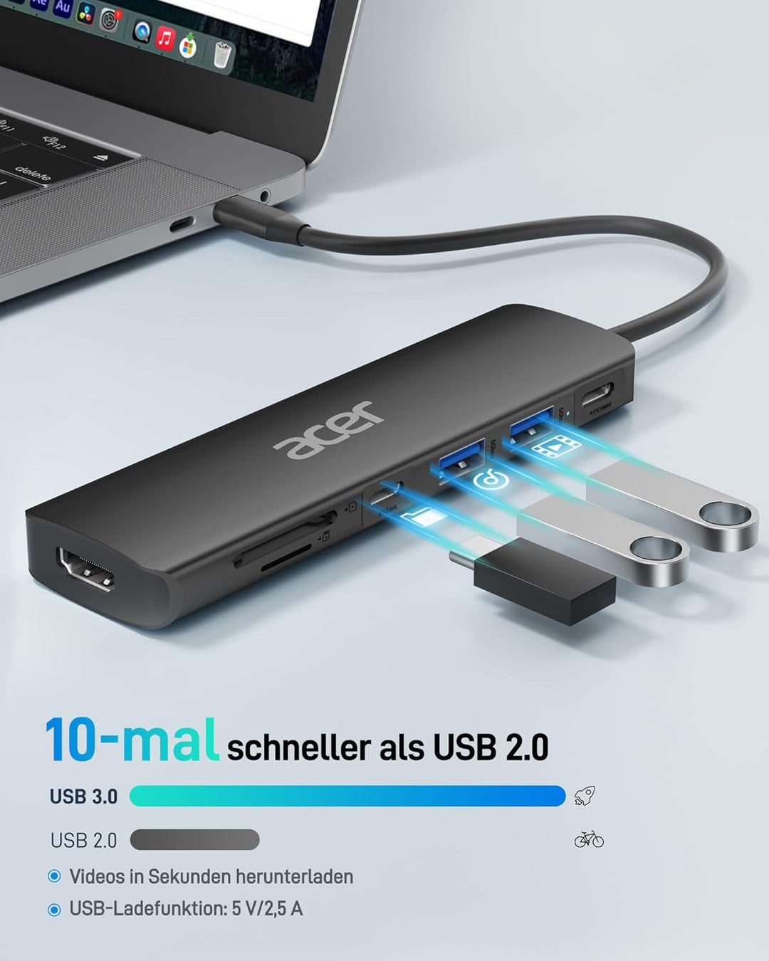 Acer USB C Hub, 7-in-1 USB-C zu HDMI Splitter, 2 USB 3.1 GEN1 und 5 Gbps Typ-C Datenanschluss, 4K HD