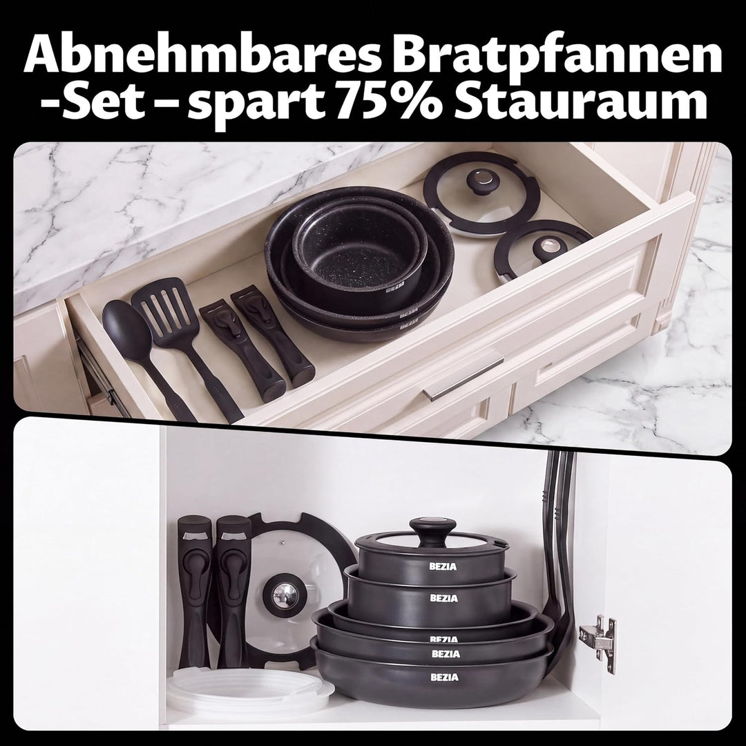 BEZIA Induktions Pfannen Set mit abnehmbaren Griffen, antihaftbeschichtetes Pfannenset, Für alle Her