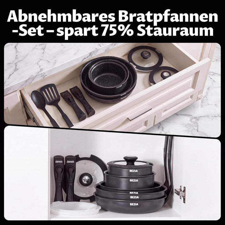 BEZIA Induktions Pfannen Set mit abnehmbaren Griffen, antihaftbeschichtetes Pfannenset, Für alle Her
