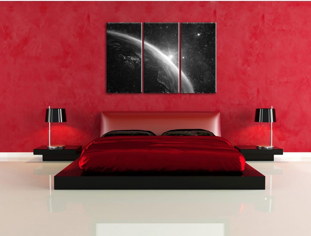 Pixxprint Sonne und Erde im Weltall / 3-Teilig/Gesamtmass 120cm Leinwandbild bespannt auf Holzrahmen