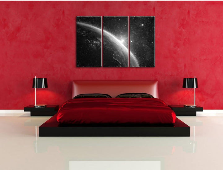 Pixxprint Sonne und Erde im Weltall / 3-Teilig/Gesamtmass 120cm Leinwandbild bespannt auf Holzrahmen