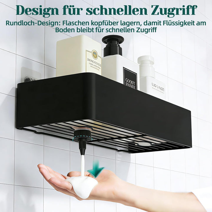 Duschablage Ohne Bohren Schwarz, 2 Stück Duschregal aus Metall mit 4 Haken - Wasserdichter, Schnellt