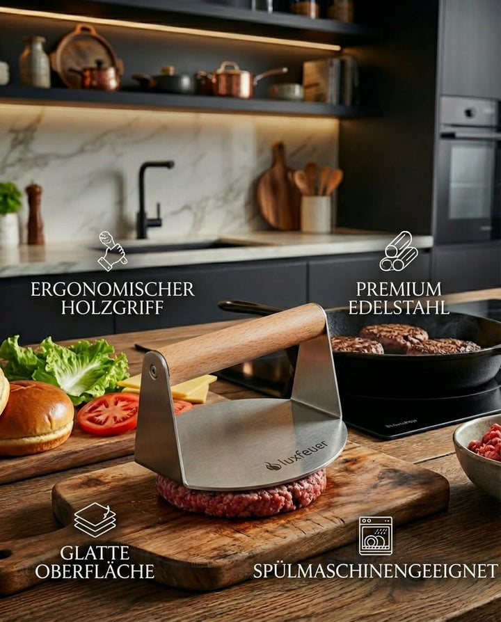Smash Burgerpresse Edelstahl Ø14cm – mit Holzgriff & 20x Antihaftpapier – Smash Burger Smasher für G