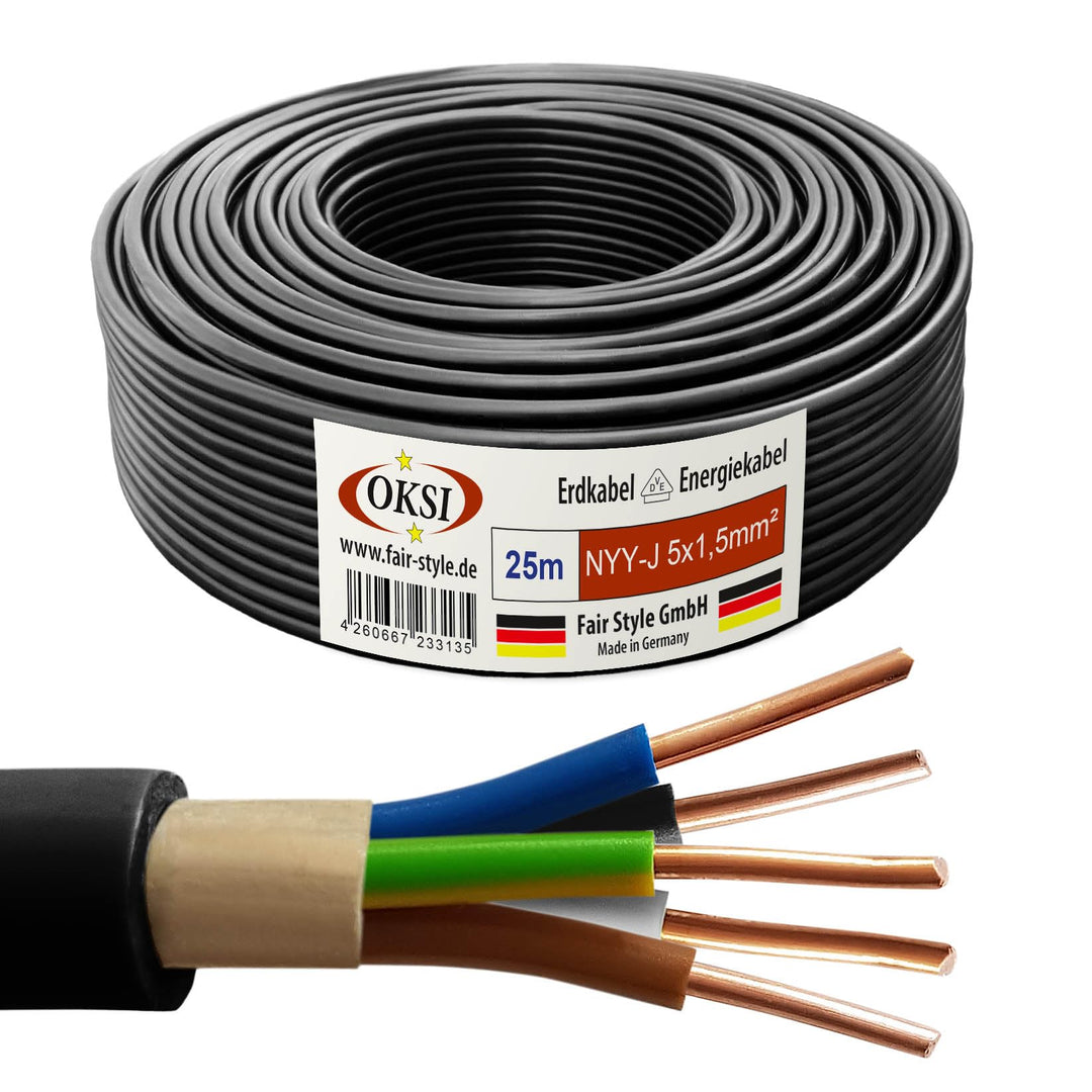 OKSI 25m NYY-J 5x1,5 mm² Erdkabel Elektrokabel Beton und Freien Kupfer Made in Germany 25 m NYY-J 5x