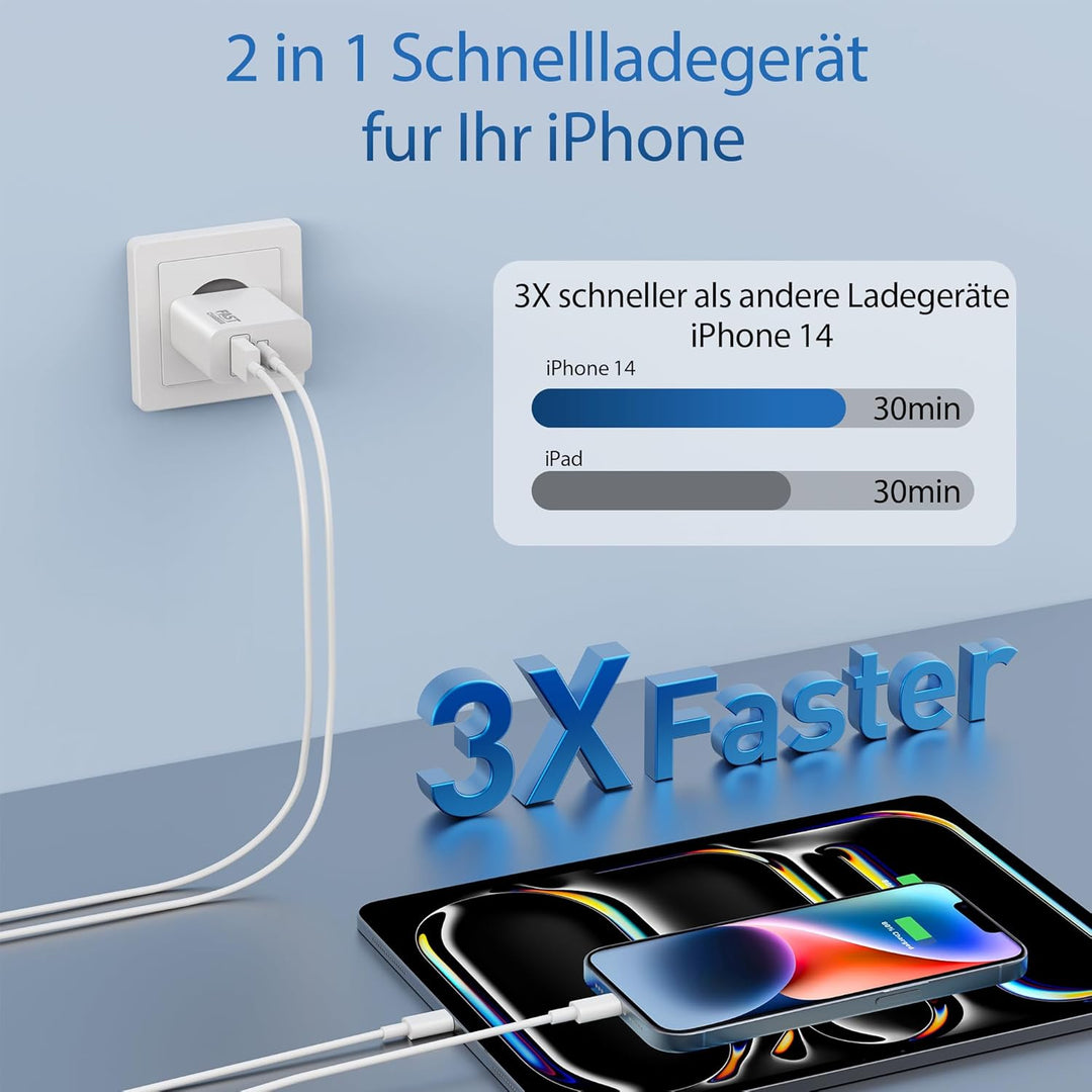 30W 2-Port Schnellladegerät Ladekabel für iPhone 14 13 12 11 Pro Max Plus Mini, iPhone XS XR X SE 8
