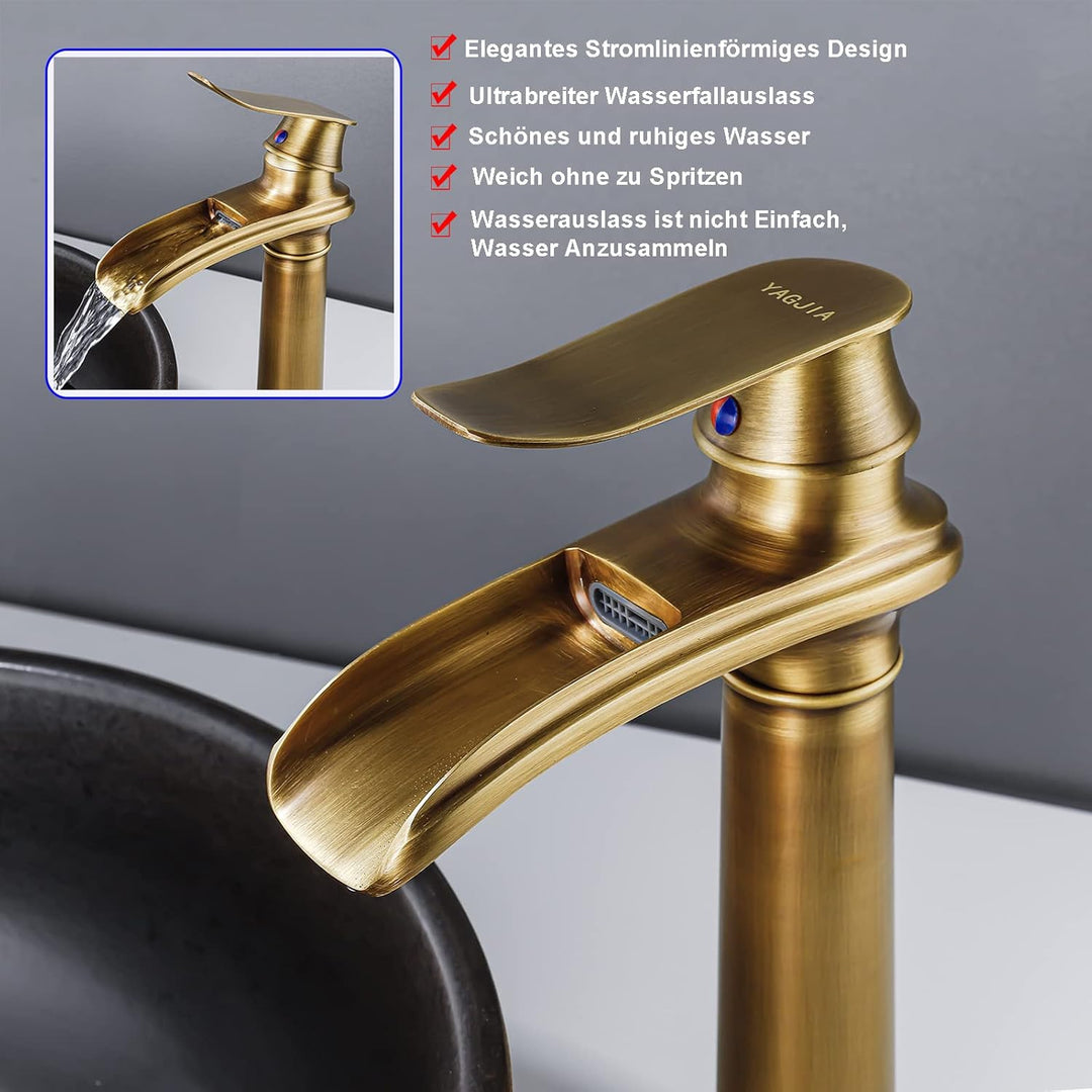 YAGJIA Wasserhahn Bad Hoch Antik, Waschtischarmatur Wasserfall Retro, Waschbecken Armaturen Messing,
