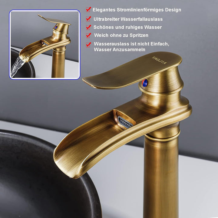 YAGJIA Wasserhahn Bad Hoch Antik, Waschtischarmatur Wasserfall Retro, Waschbecken Armaturen Messing,