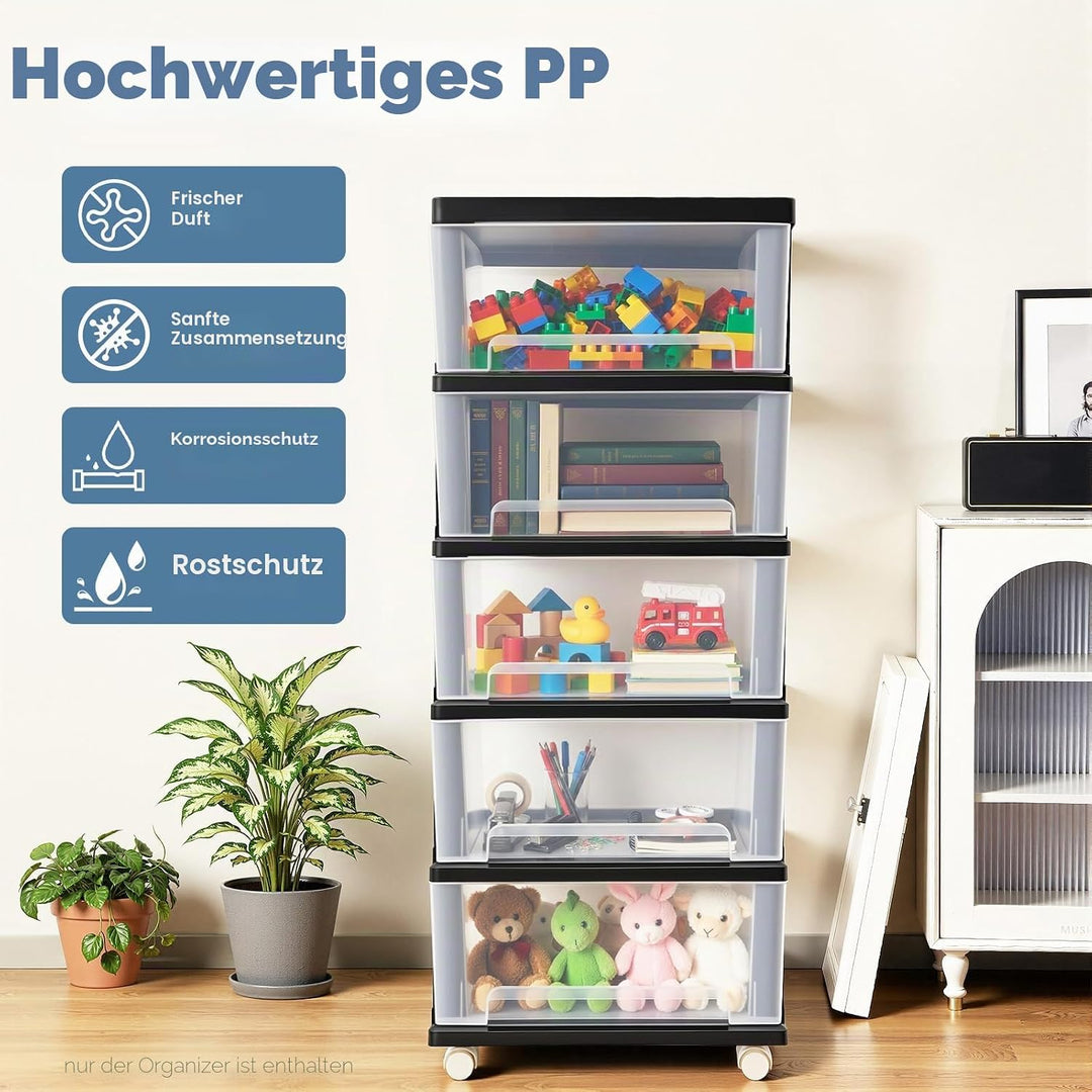 5 Schubladen Organizer 40x33x98cm, Aufbewahrungsbox, Schubladenschrank mit 4 Rädern, Aufbewahrungssc
