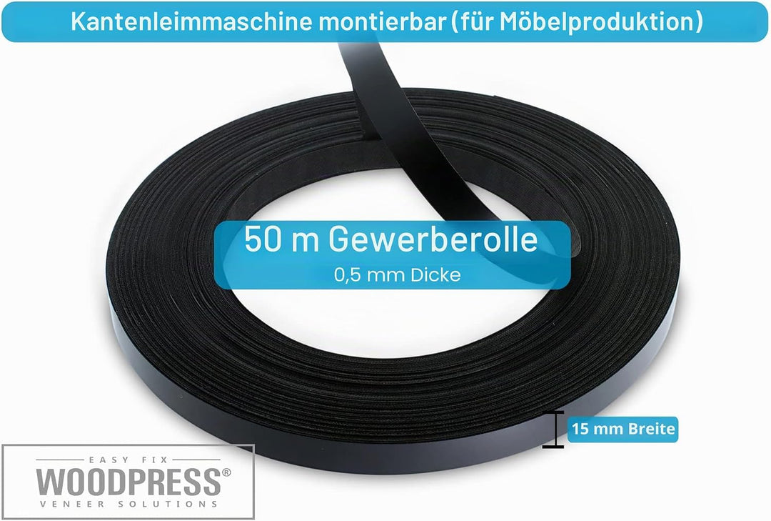 WoodPress® 15mm Mattschwarz Melamin Kantenumleimer mit Schmelzkleber – 50m Industrielle Rolle – Einf