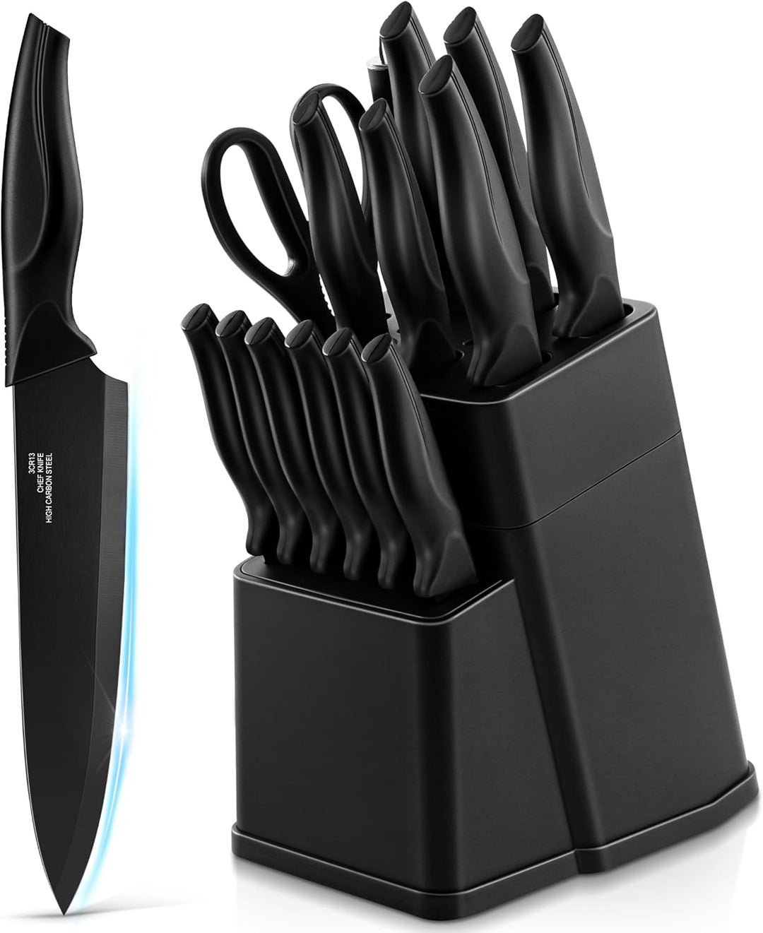 TEAMFAR Messerblock mit Messerset, 15-teilig Edelstahl küchenmesser Set mit Wetzstahl, Messerblock m