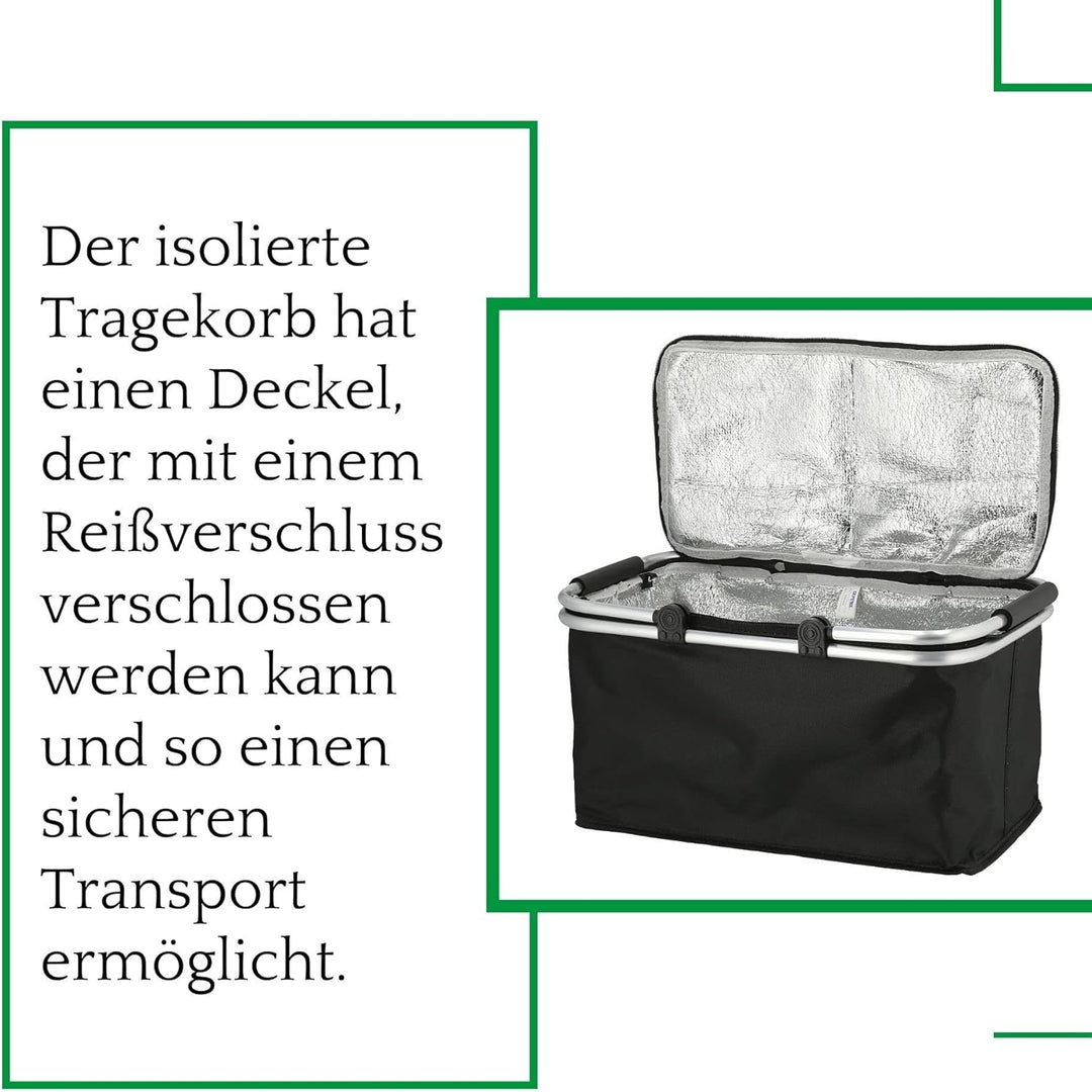 Novaliv 12x Einkaufskorb faltbar mit Kühlfunktion 30 Liter SCHWARZ Isolierkorb mit gepolsterten Trag