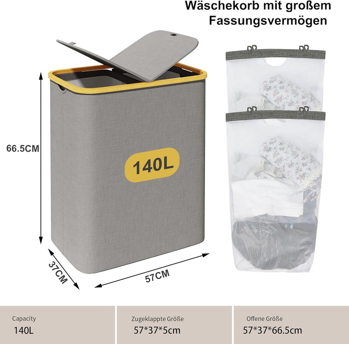 Tiklife Wäschekorb mit Deckel 2 Fächer Wäschekorb Wäschesack Wäschesortierer Wäschebox Faltbare Wäsc
