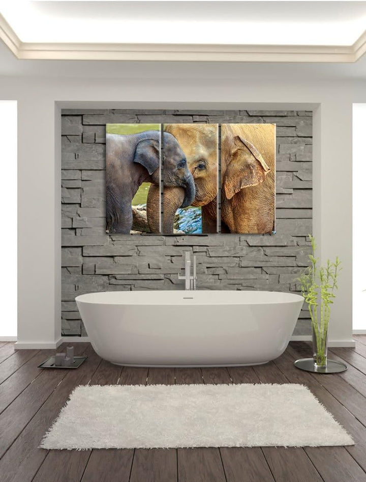 Pixxprint Elefantenmutter mit Kalb als Leinwandbild/Grösse: 3 Teilig (120x80) / Wandbild/Kunstdruck/