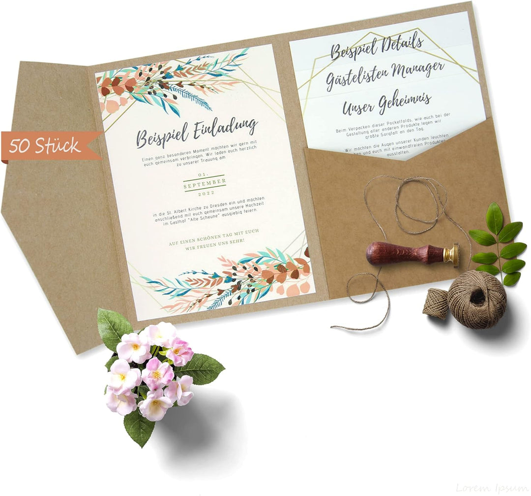 50 Stück Pocketfold Kraftpapier Hochzeitskarte blanko I 121 x 158 mm für DIN B6 Umschlag | 300 g/m²