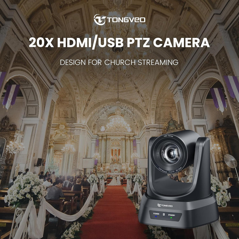 TONGVEO HDMI PTZ-Kamera 20X Optischer Zoom, Kirche Live-Streaming USB 1080P 60fps Kamera für Gottesd