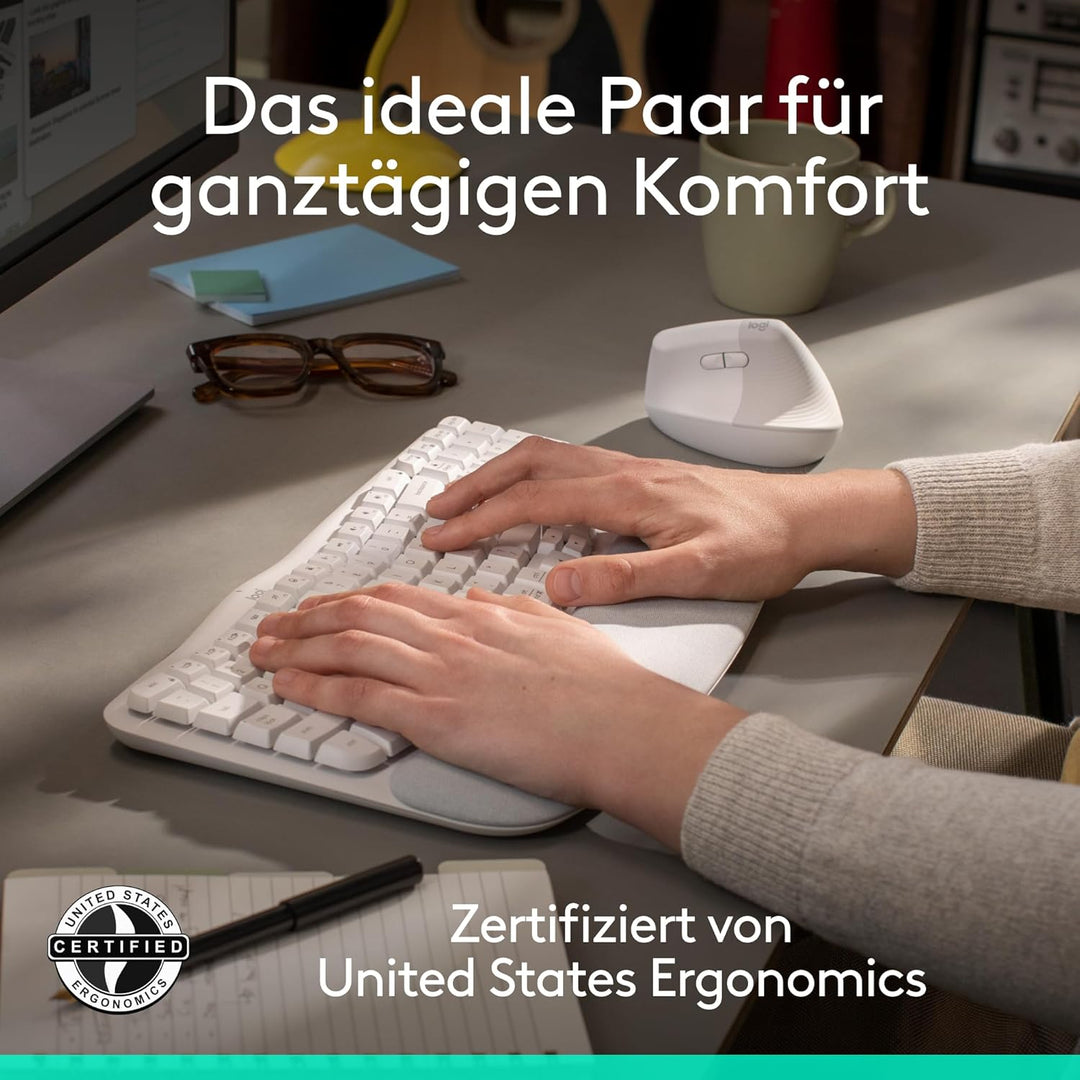 Logitech Wave Keys und Lift vertikale Maus – Ergonomisches Bundle – kabellose Tastatur mit gepolster