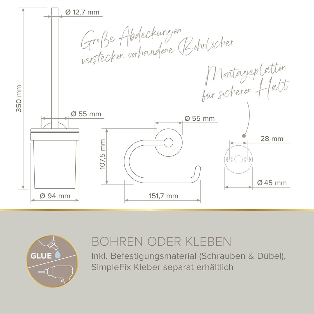 Lenz Bad-Accessoire-Set Juna in Gold – 4-teilig – Toilettenpapierhalter, WC-Bürstengarnitur und Zwei
