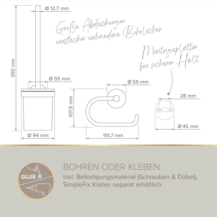 Lenz Bad-Accessoire-Set Juna in Gold – 4-teilig – Toilettenpapierhalter, WC-Bürstengarnitur und Zwei