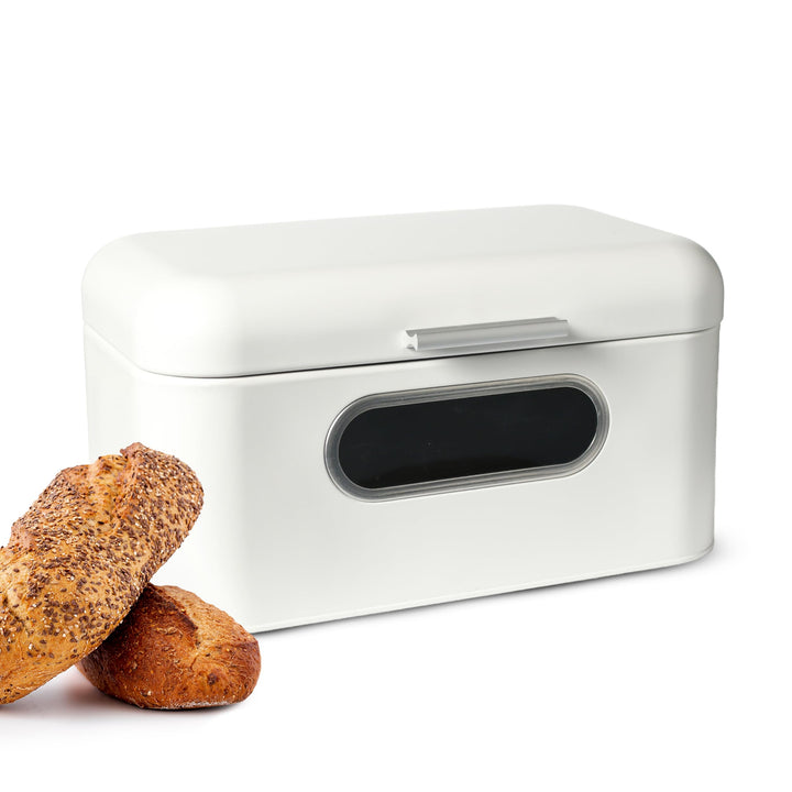 Sendez Brotkasten aus Metall mit Sichtfenster Brotkorb Aufbewahrung für Brot und Brötchen weiss mit