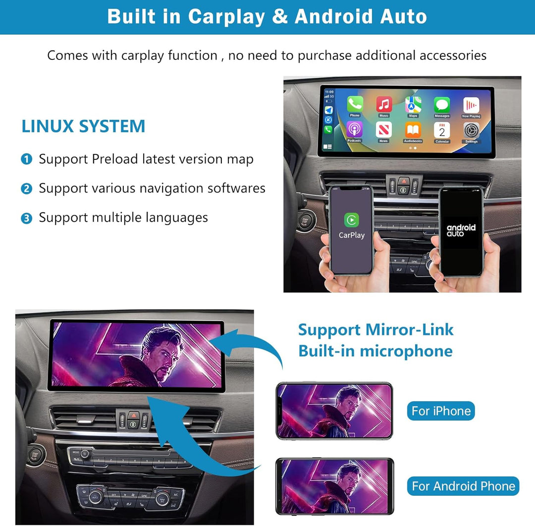 Autoradio 12,3-Zoll-Touchscreen mit kabellosem Carplay und Android Auto für 2016-2022 BMW X1-Serie F