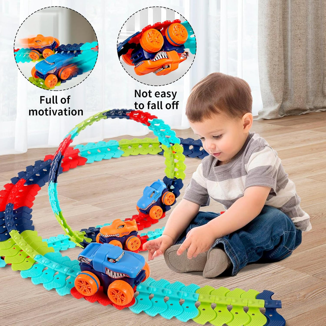 Kinder Rennbahn Spielzeug, 150pcs Autorennbahn Auto Spielzeug mit 2 Glow Cars Spielzeug, Autorennbah