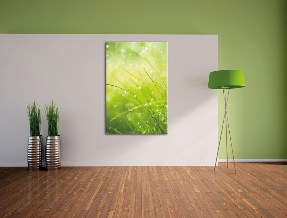 Pixxprint Nasses Gras, Format: 100x70 auf Leinwand, XXL riesige Bilder fertig gerahmt mit Keilrahmen